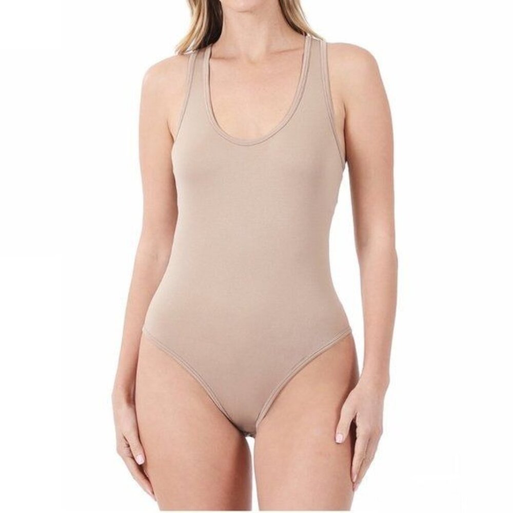 Zenana Racerback Scoop Neck Snap Bottom Basic Tank Top Leotard Bodysuit Beige